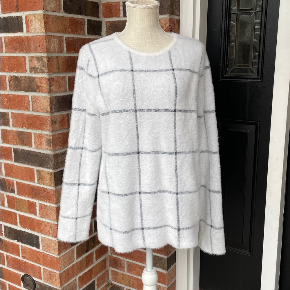 J. Jill Wearever Fuzzy Knit Eyelash‎ Window Pane Sweater